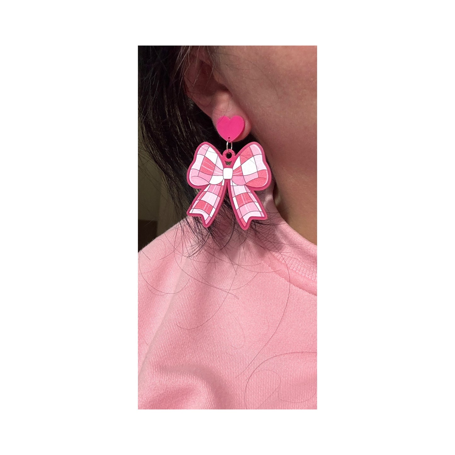 Pink Checkered Bow Drop Earrings