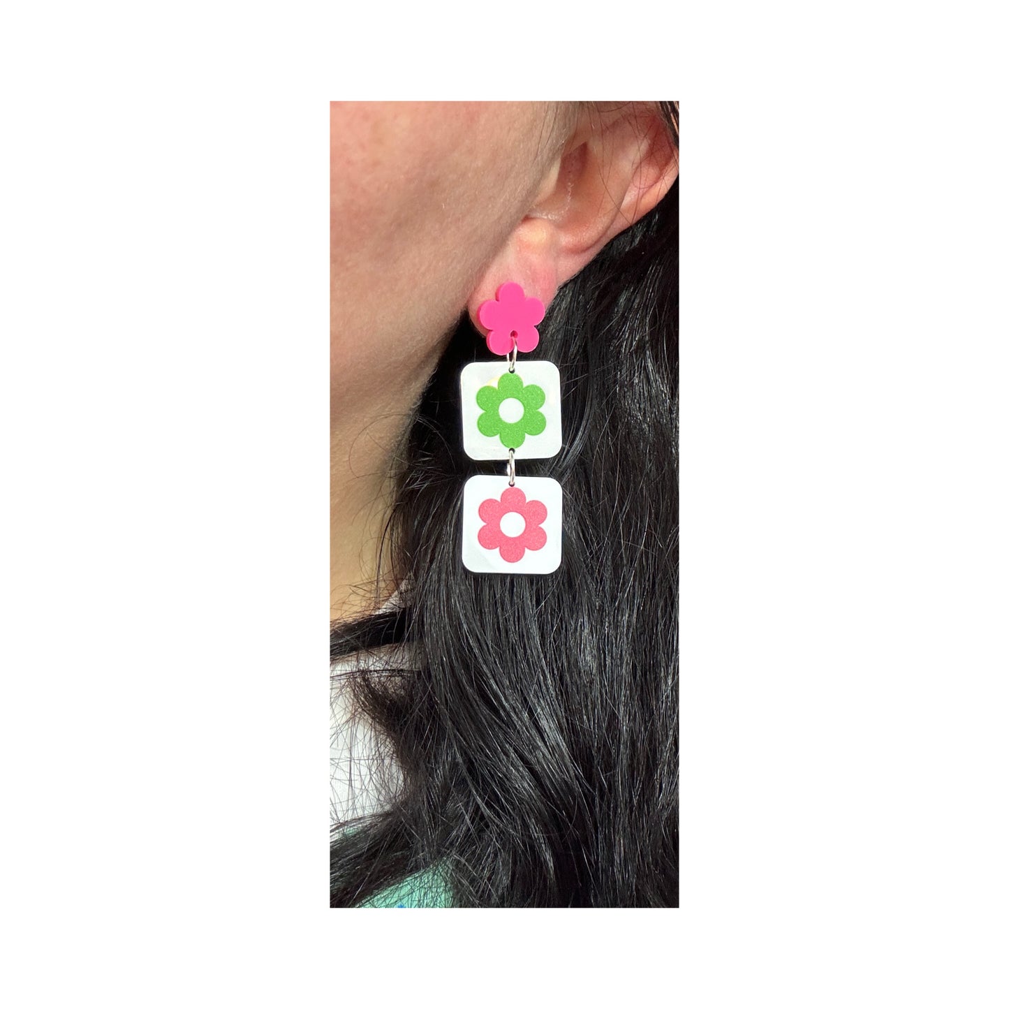 Pink & Green Retro Flower Square Drop Earrings