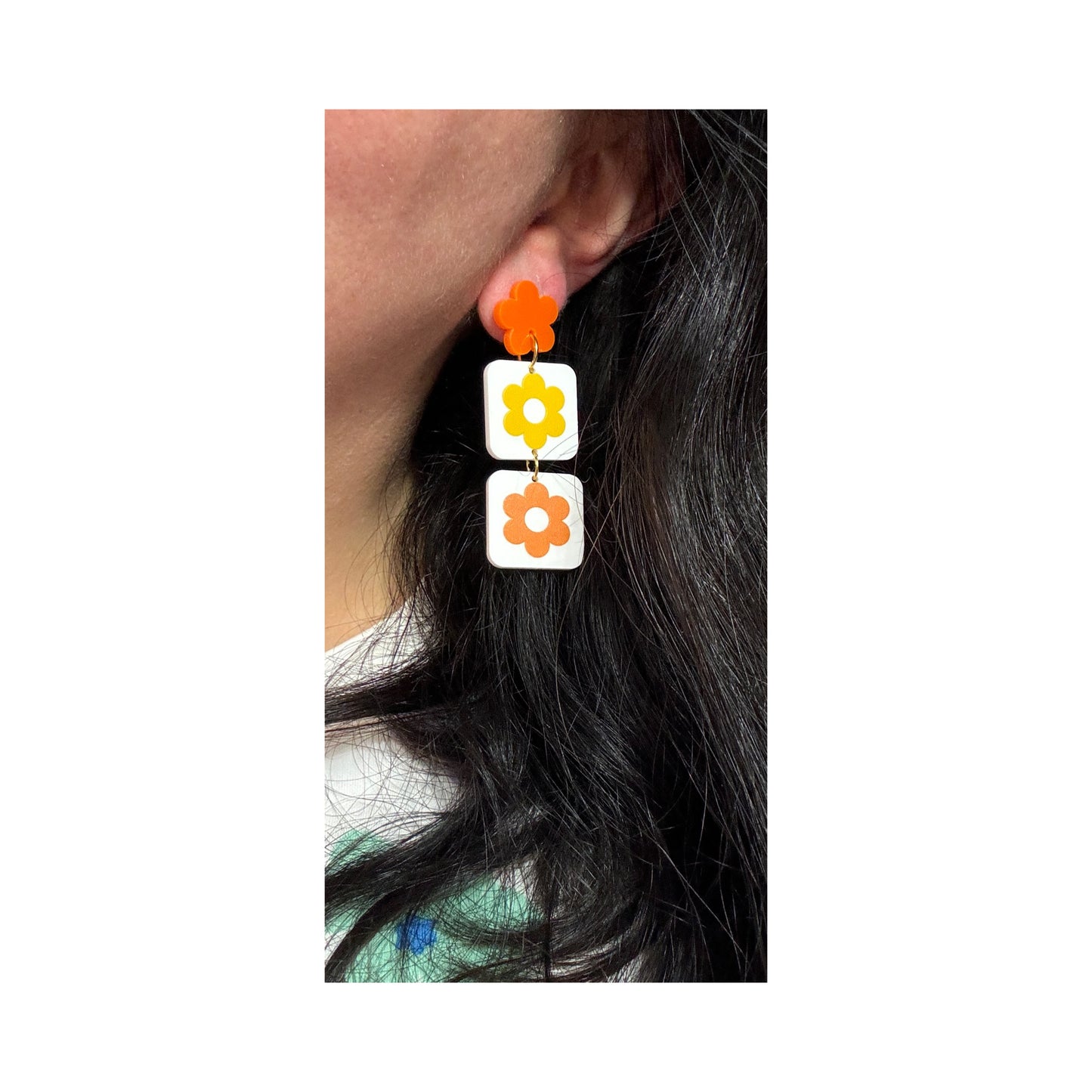Orange & Yellow Retro Flower Square Drop Earrings