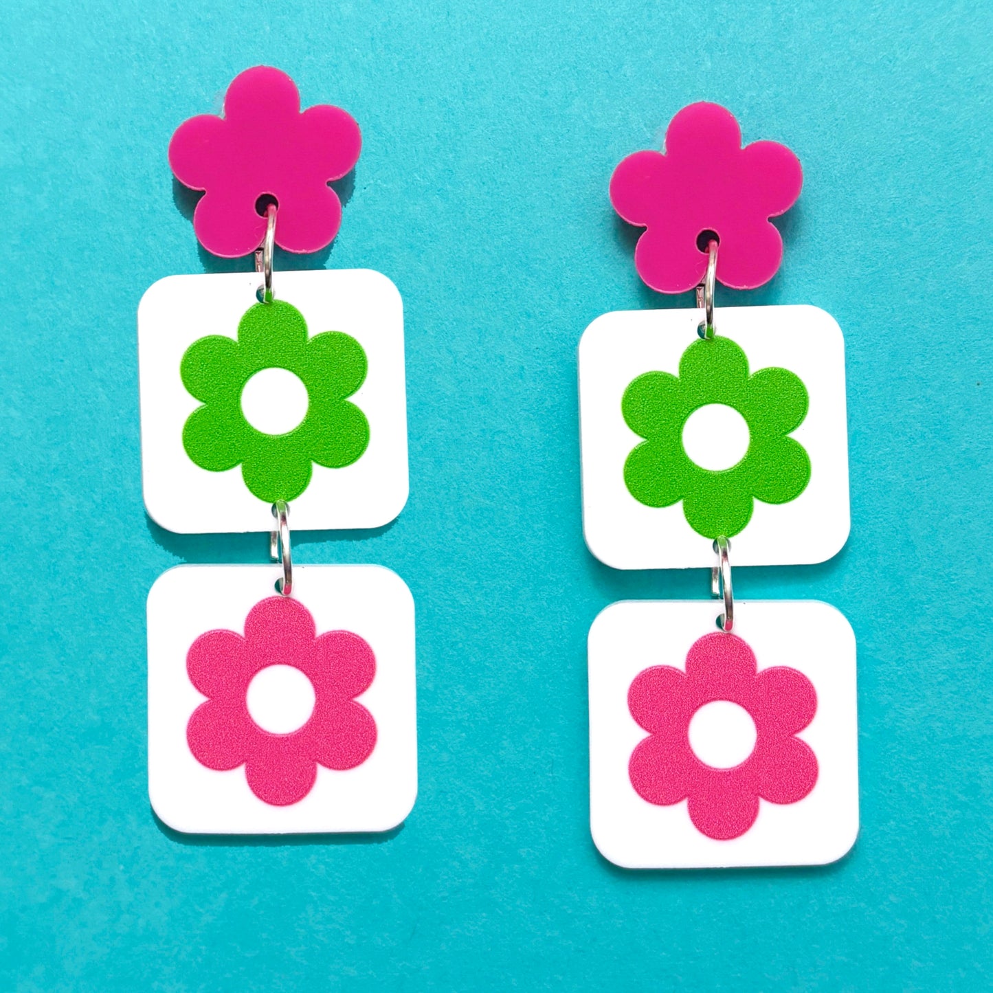 Pink & Green Retro Flower Square Drop Earrings