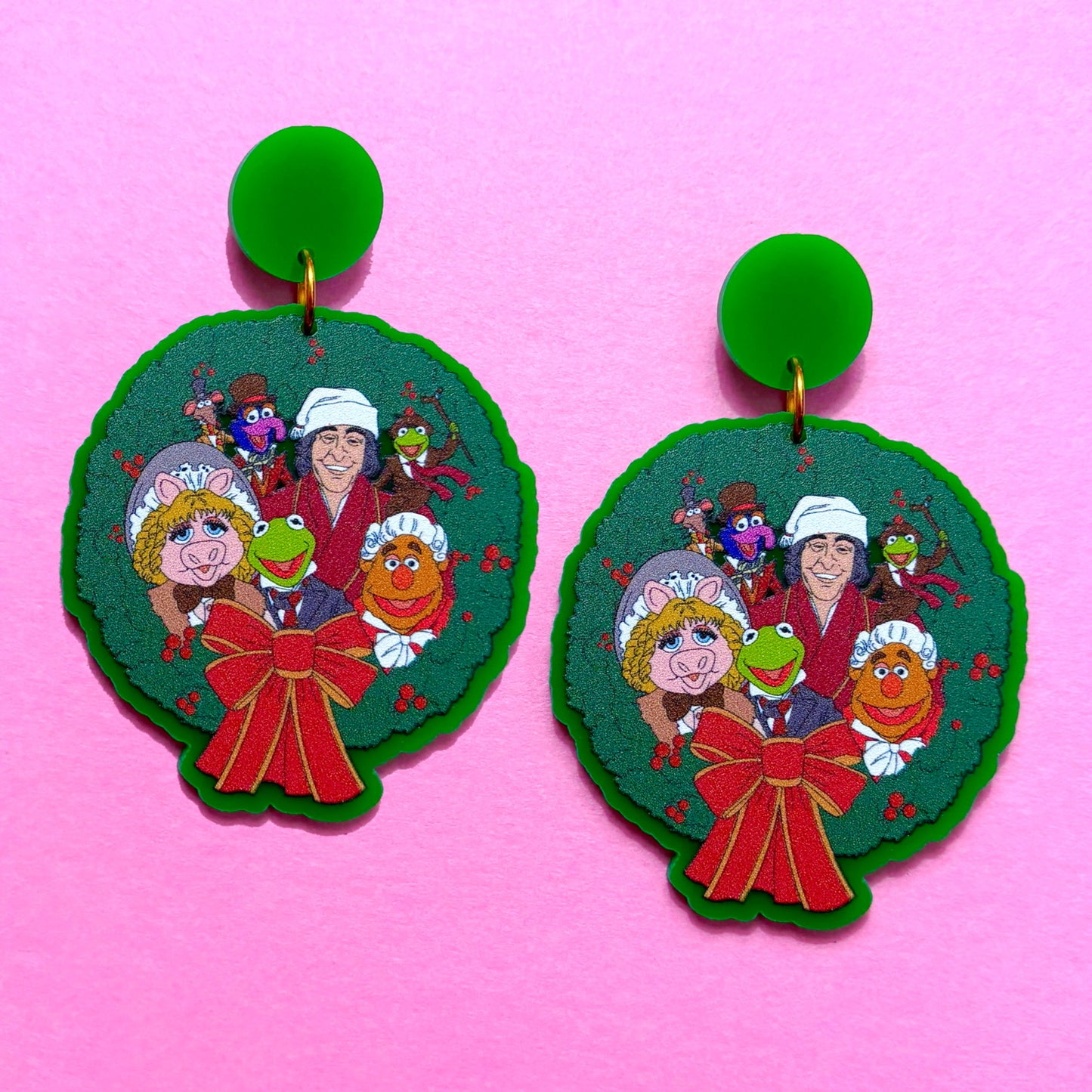 Puppet Christmas Carol Wreath Drop Earrings