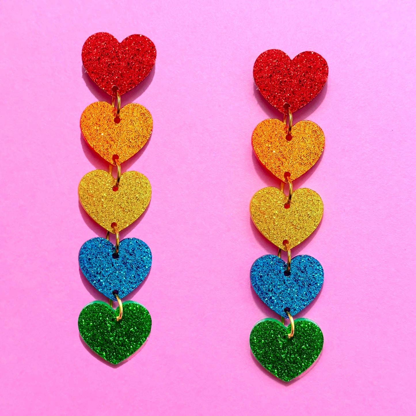 Rainbow Heart Glitter Tiered Drop Earrings