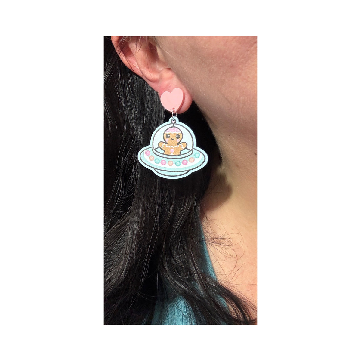 Gingerbread Alien Saucer Drop Earrings