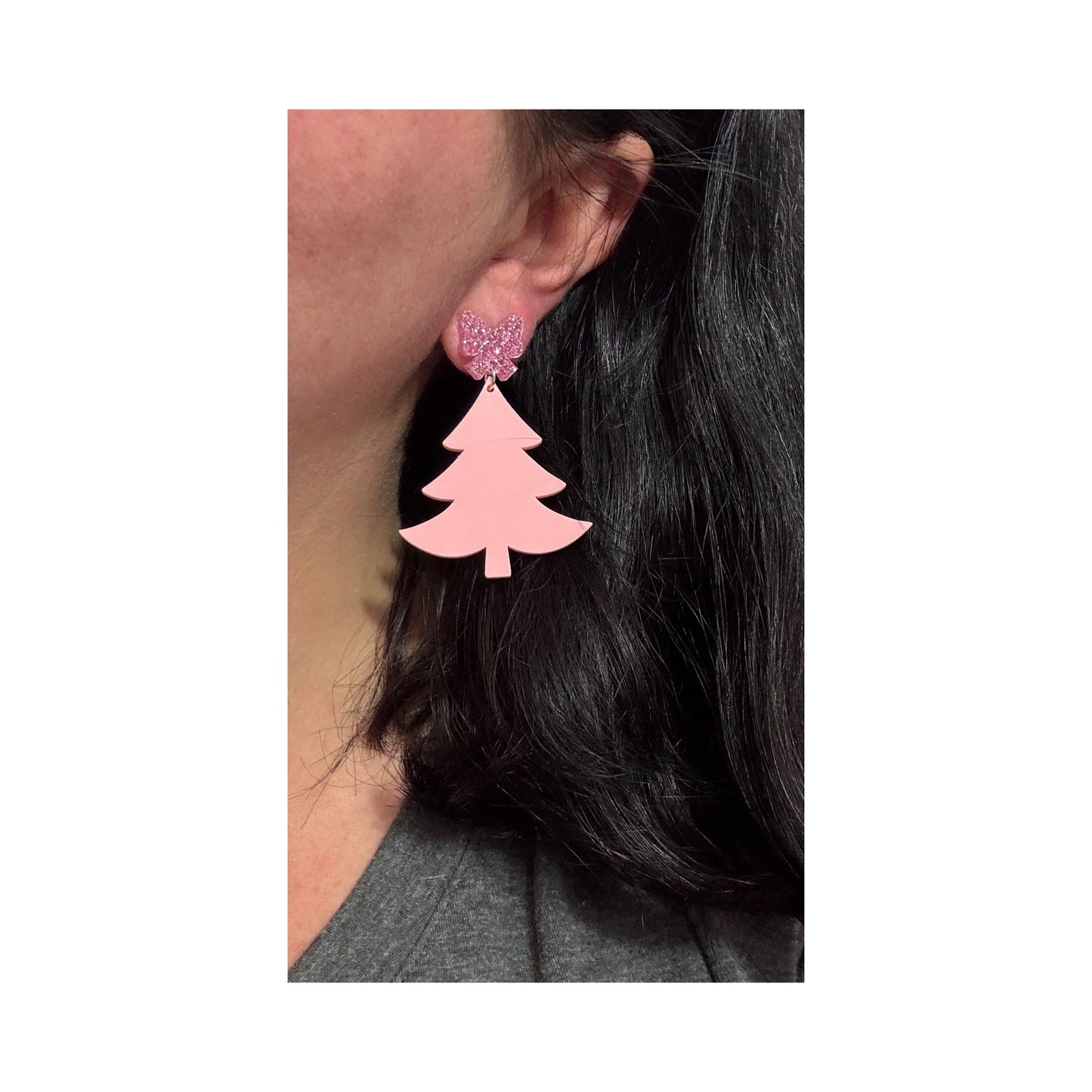 Pinkmas Bow Tree Drop Earrings
