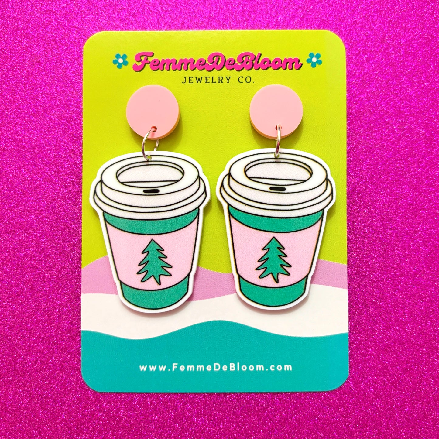 FREE GIFT - Pink Christmas Tree Coffee Drop Earrings