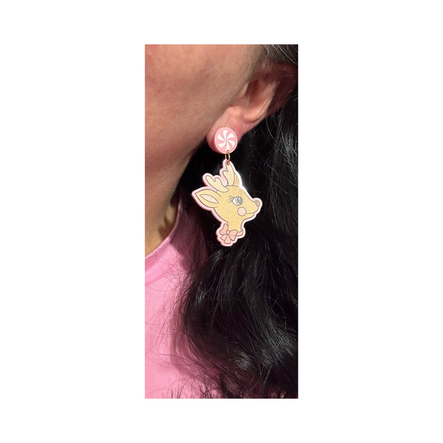 Pastel Pink Retro Reindeer Drop Earrings