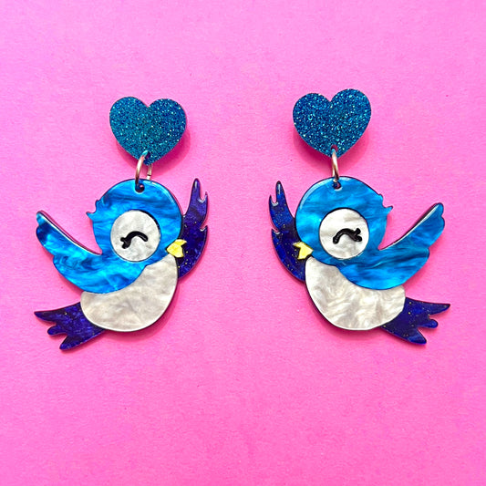 Blue Bird Acrylic Drop Earrings