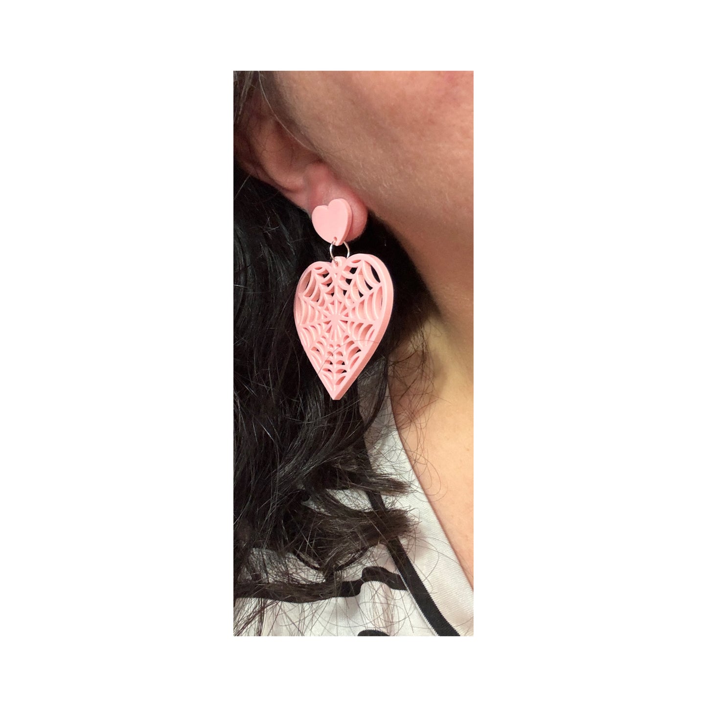 Pastel Pink Spiderweb Heart Drop Earrings
