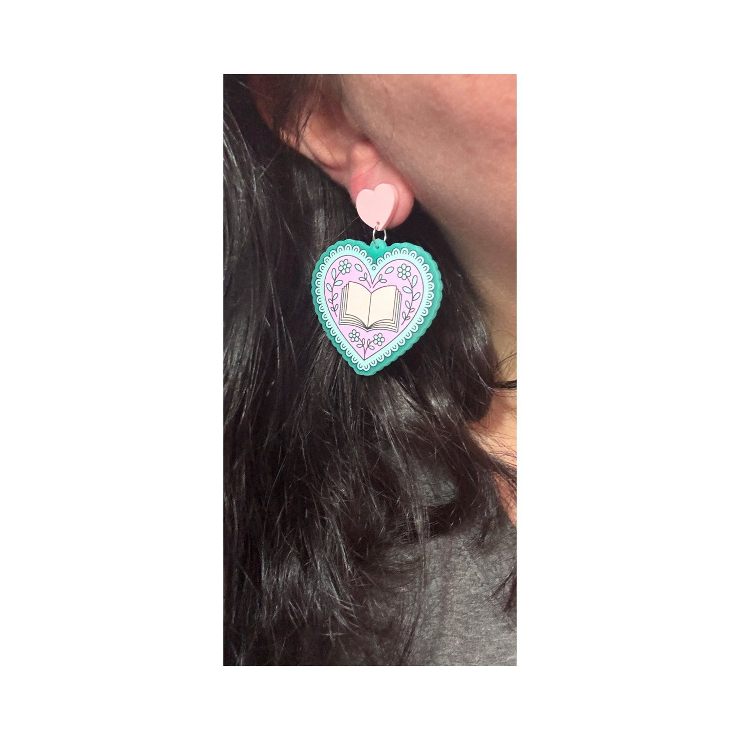 Mint Bookish Heart Drop Earrings