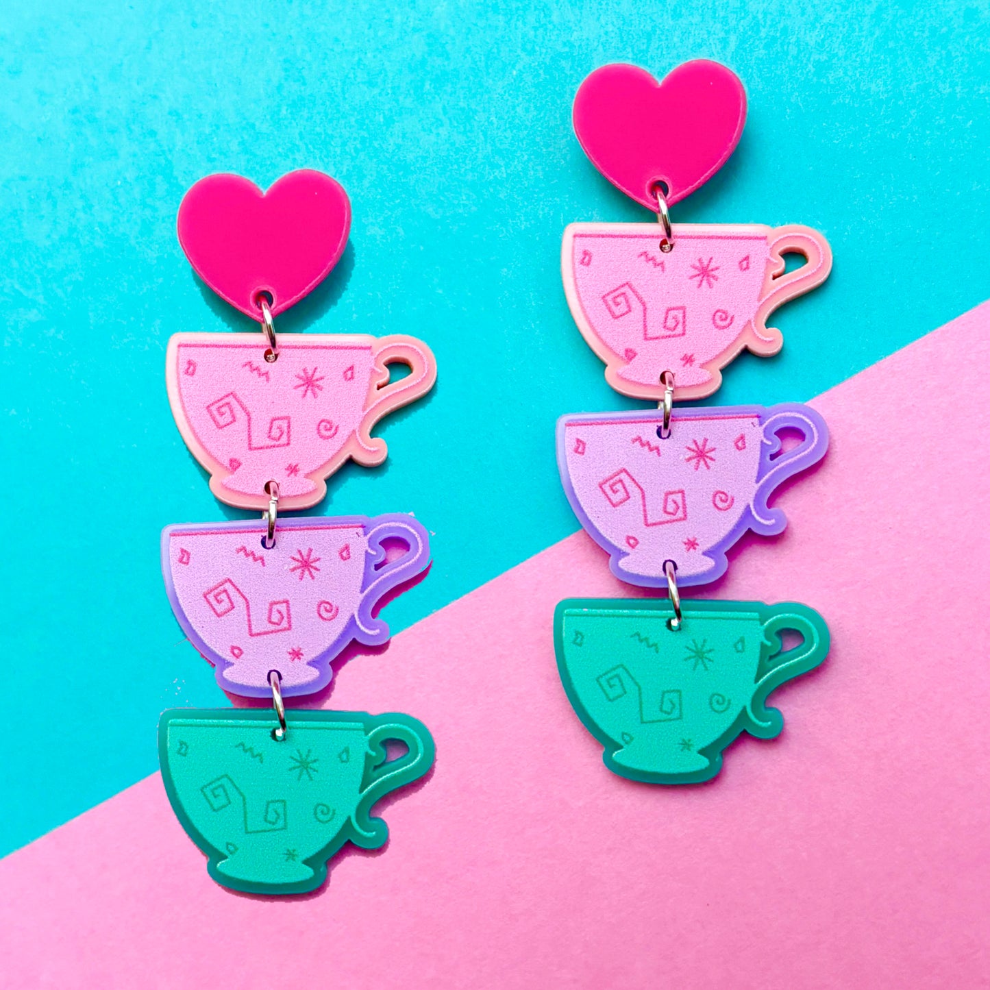 Tea Cups Tiered Acrylic Drop Earrings