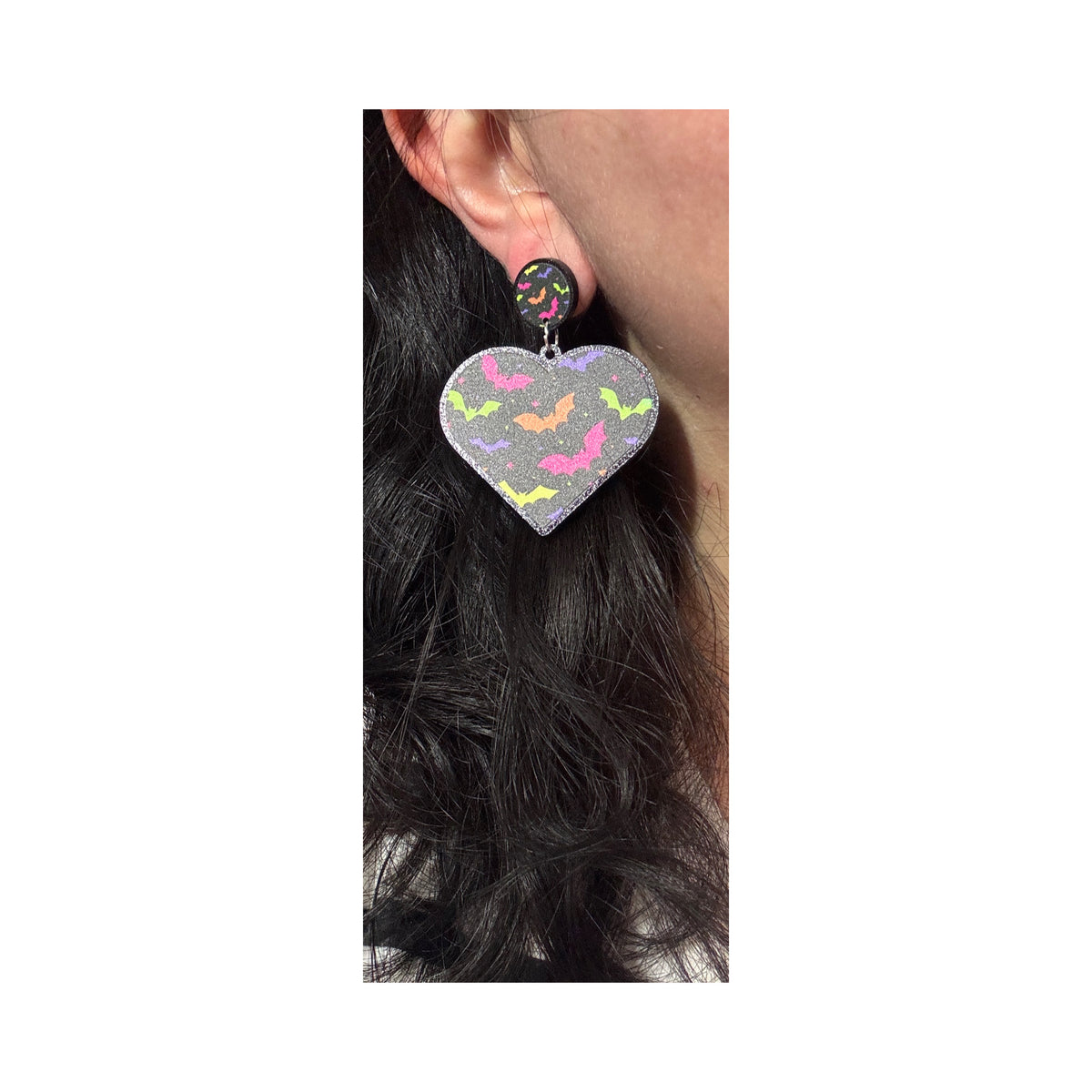 Neon Bat Print Heart Drop Earrings
