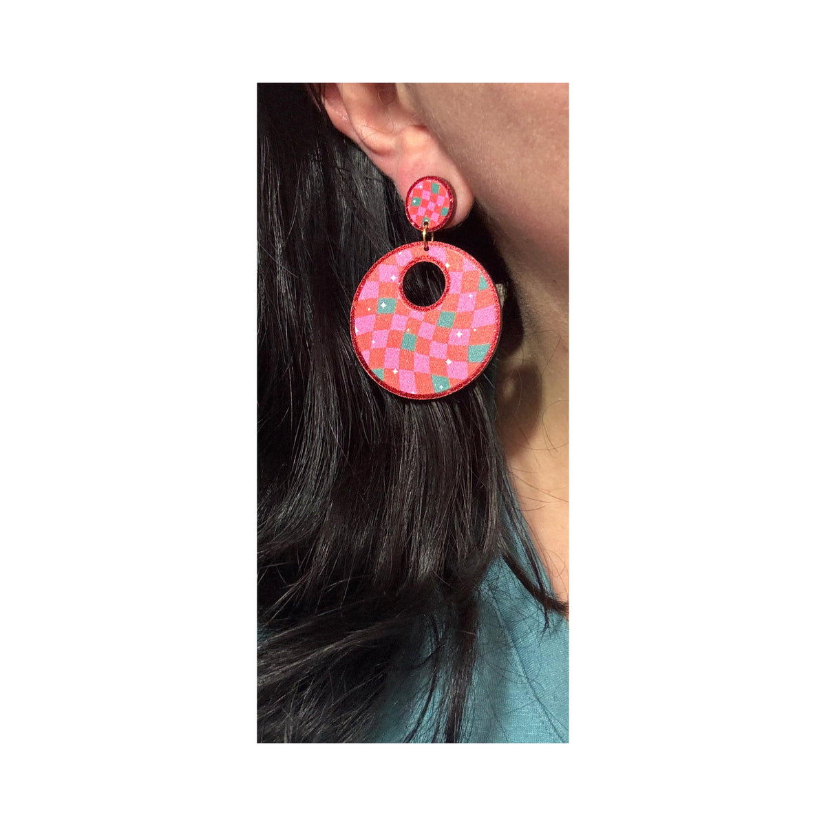 Retro Holiday Checkered Round Drop Earrings