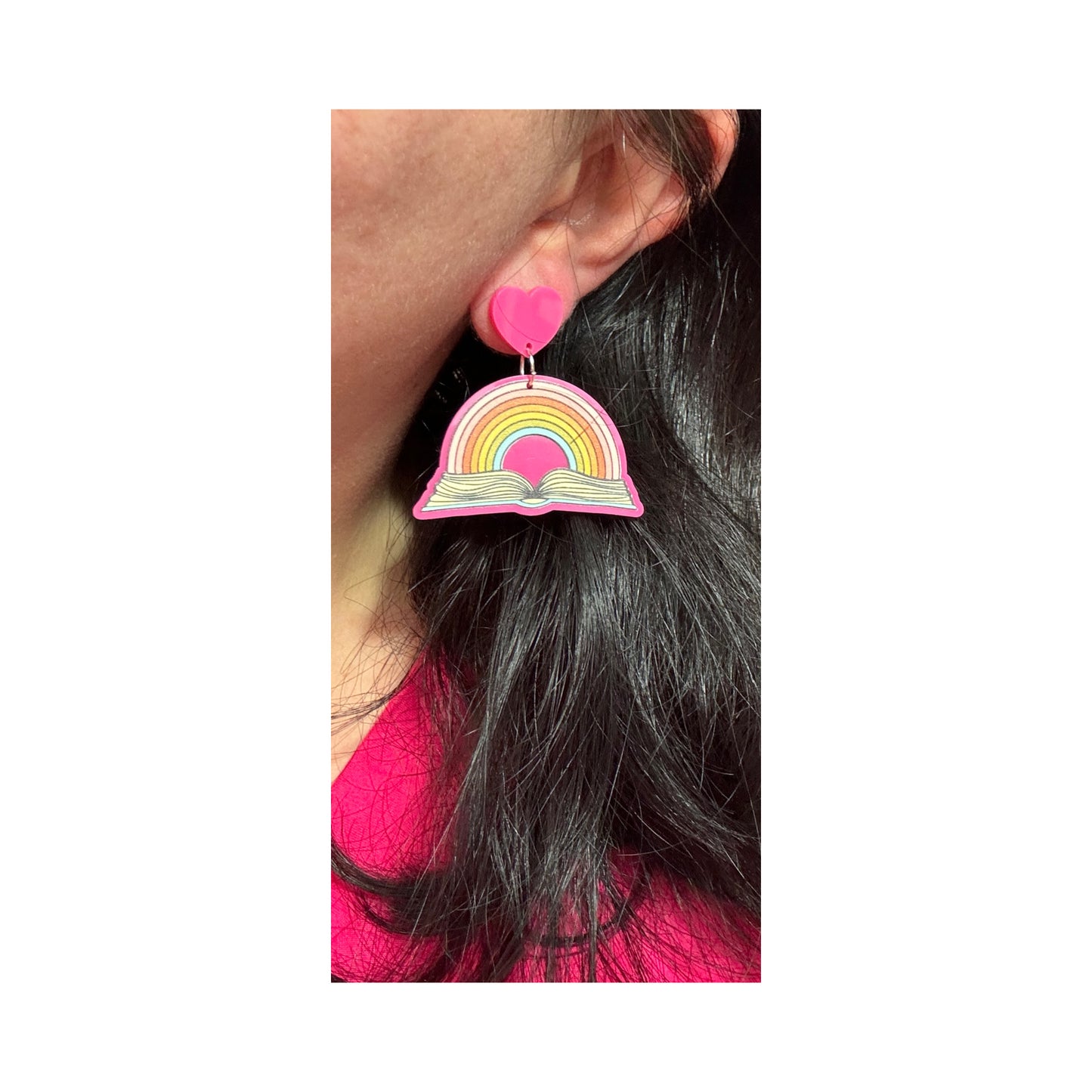 Hot Pink Bookish Rainbow Drop Earrings