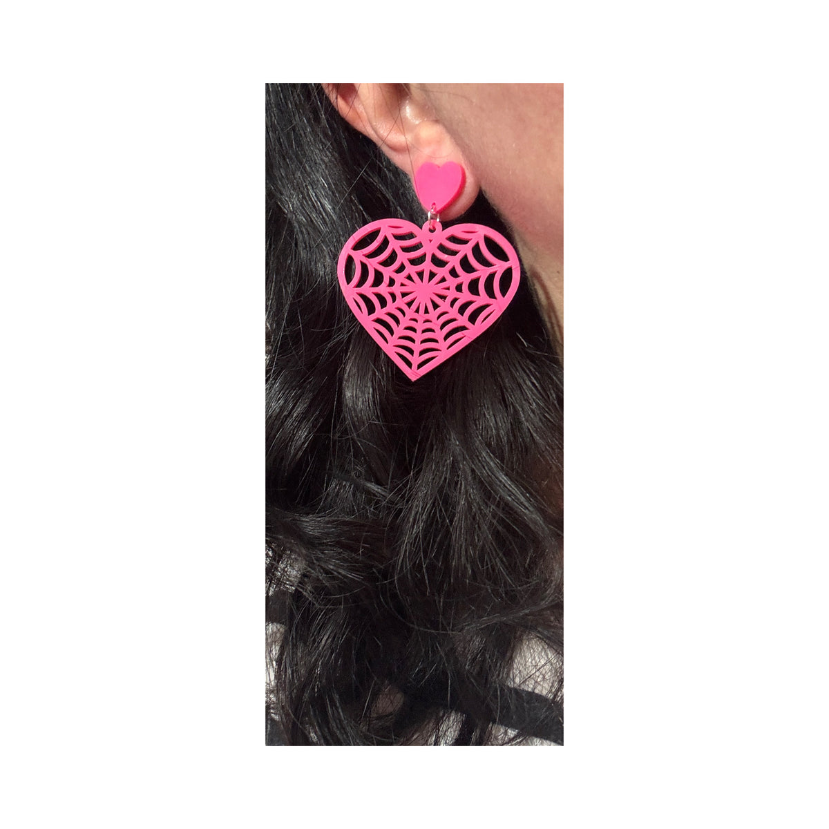 Hot Pink Spiderweb Heart Drop Earrings
