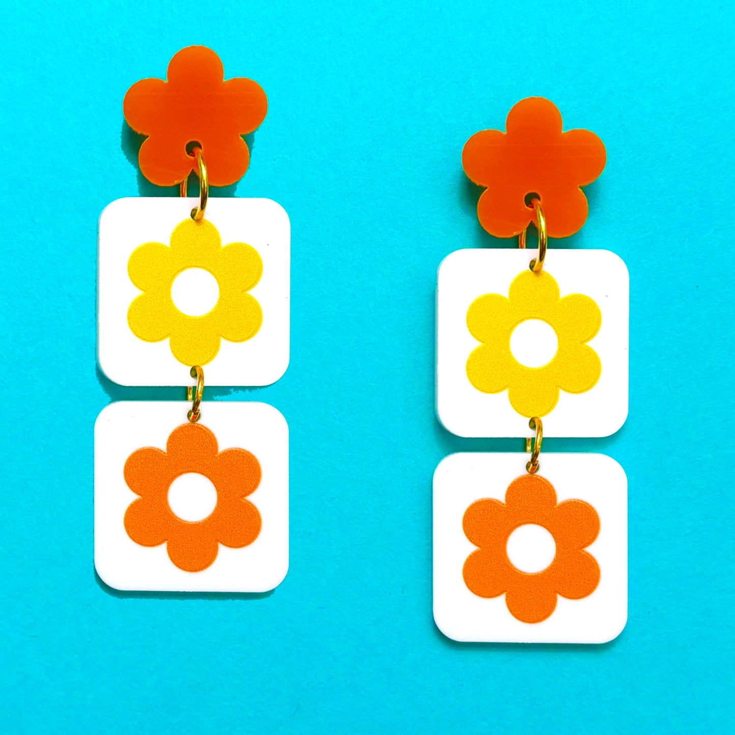 Orange & Yellow Retro Flower Square Drop Earrings