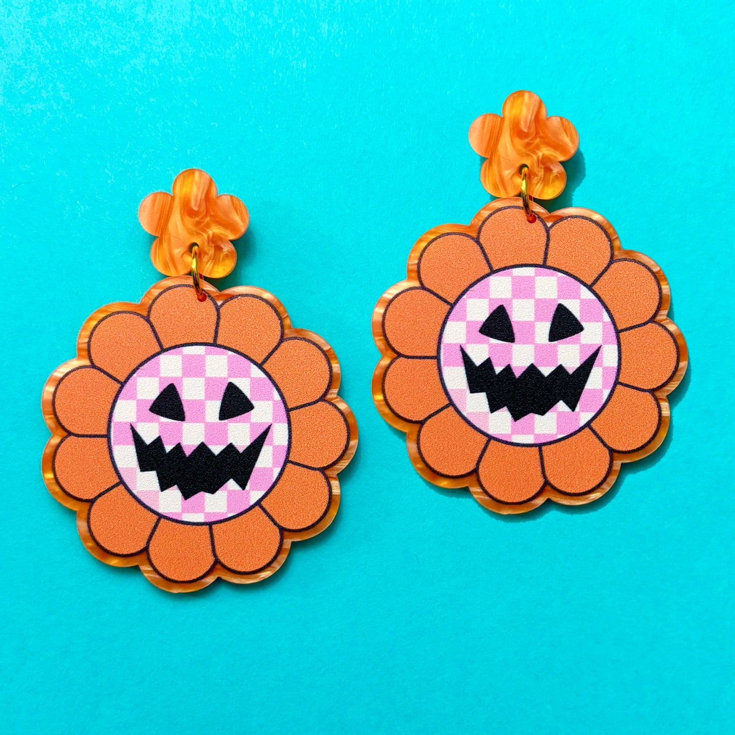 Checkerboard Pumpkin Flower Pink Drop Earrings
