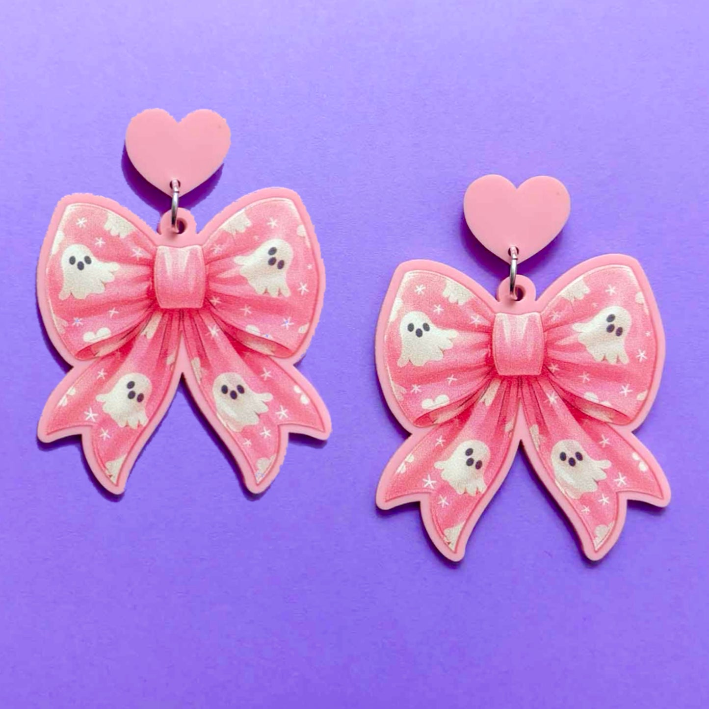 Pastel Ghost Print Bow Drop Earrings