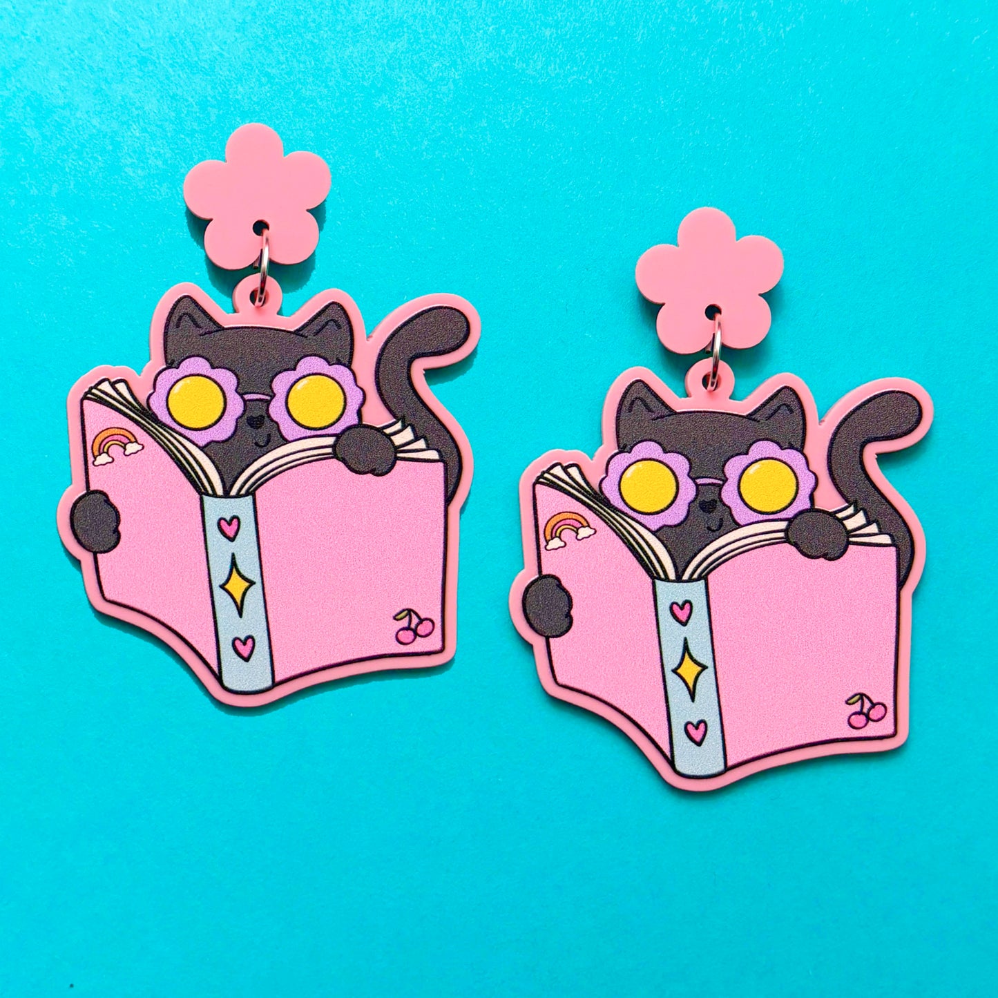 Groovy Bookish Cat Drop Earrings