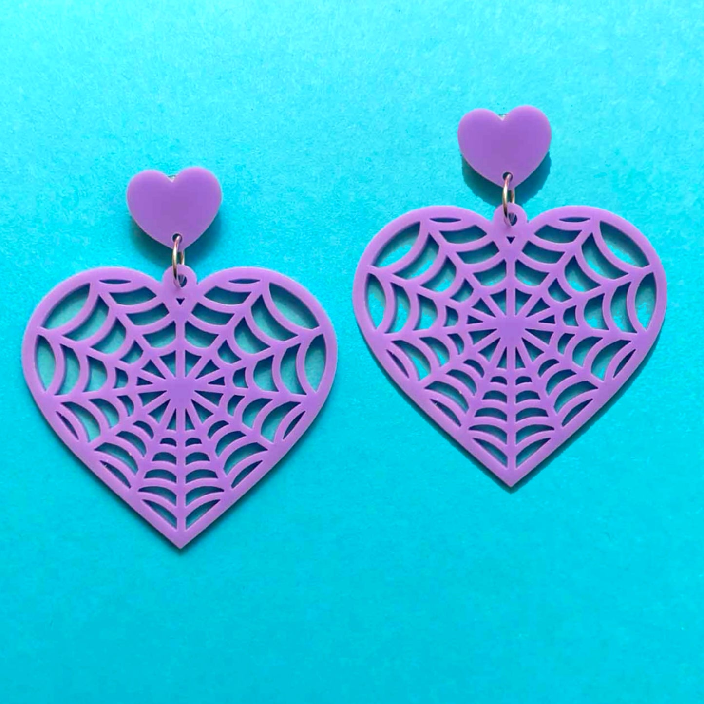 Lavender Spiderweb Heart Drop Earrings