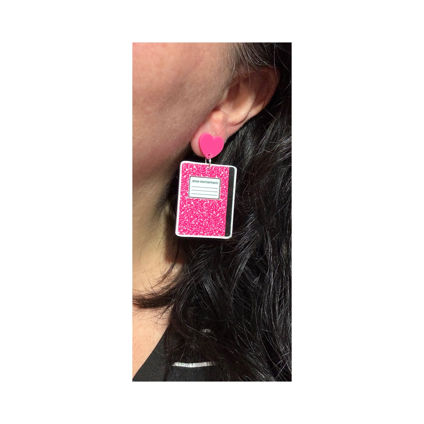 Pink Composition Notebook Drop Earrings