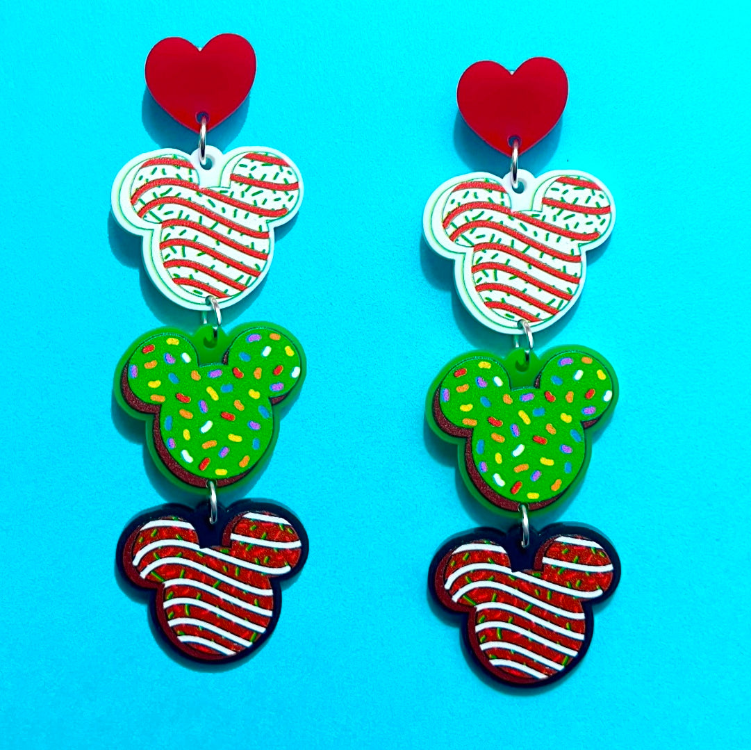 Mouse Christmas Tree Cake Tiered Drop Earrings