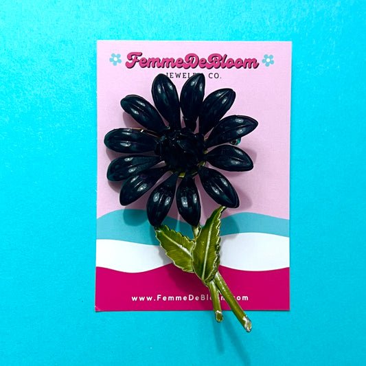 1960s Black Flower With Stem Brooch