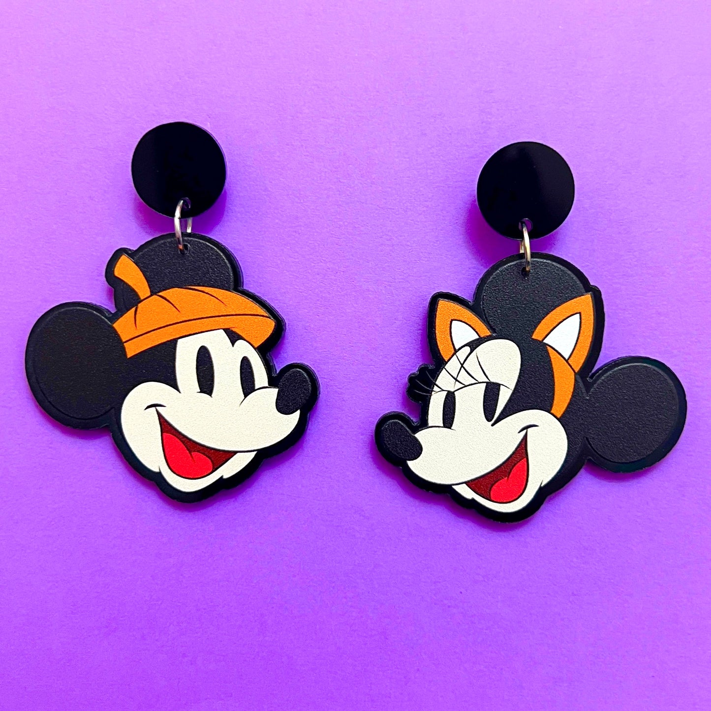 Retro Mouse Cat & Pumpkin Couple Halloween Drop Earrings