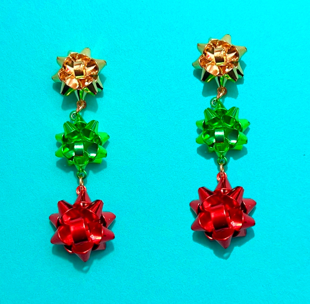 3 Tier Christmas Bow Drop Earrings