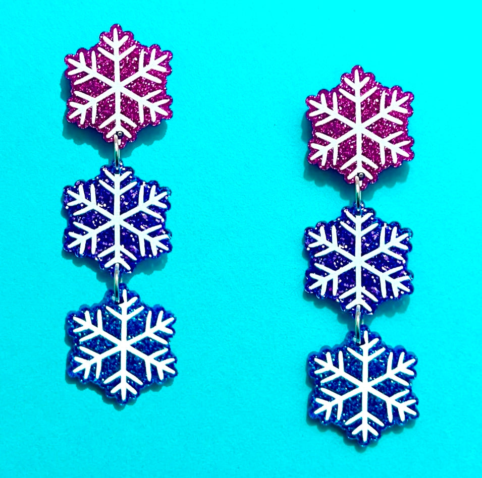 Pink, Purple & Blue Glitter Snowflake Tiered Drop Earrings