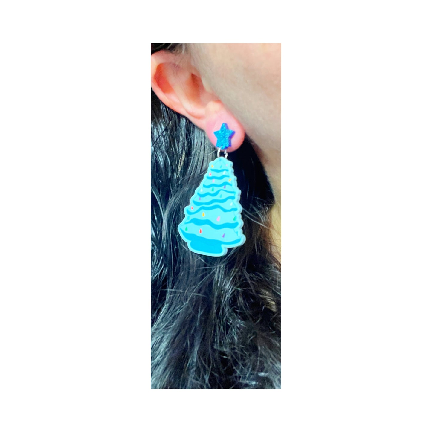 Blue Ceramic Inspired Christmas Tree Drop Earrings