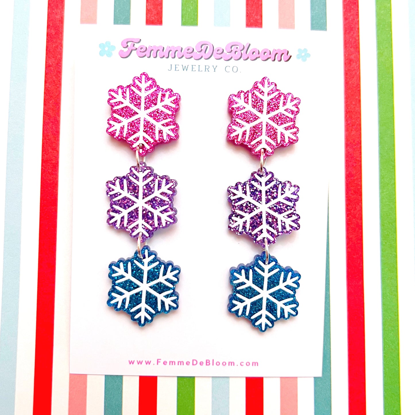Pink, Purple & Blue Glitter Snowflake Tiered Drop Earrings