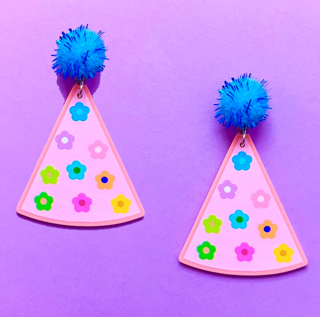 Pink Floral Pom Pom Party Hat Acrylic Drop Earrings