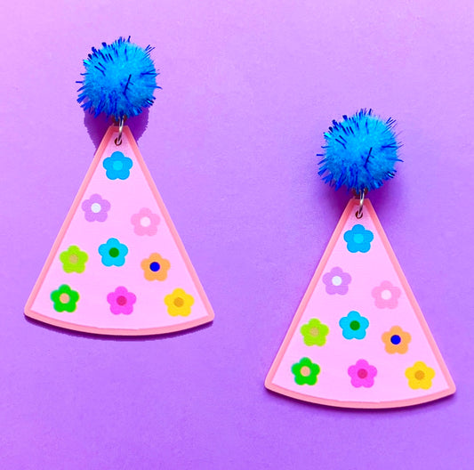 Pink Floral Pom Pom Party Hat Acrylic Drop Earrings