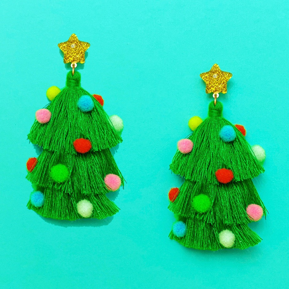 Christmas Tree Tassel Pom Pom Drop Earrings
