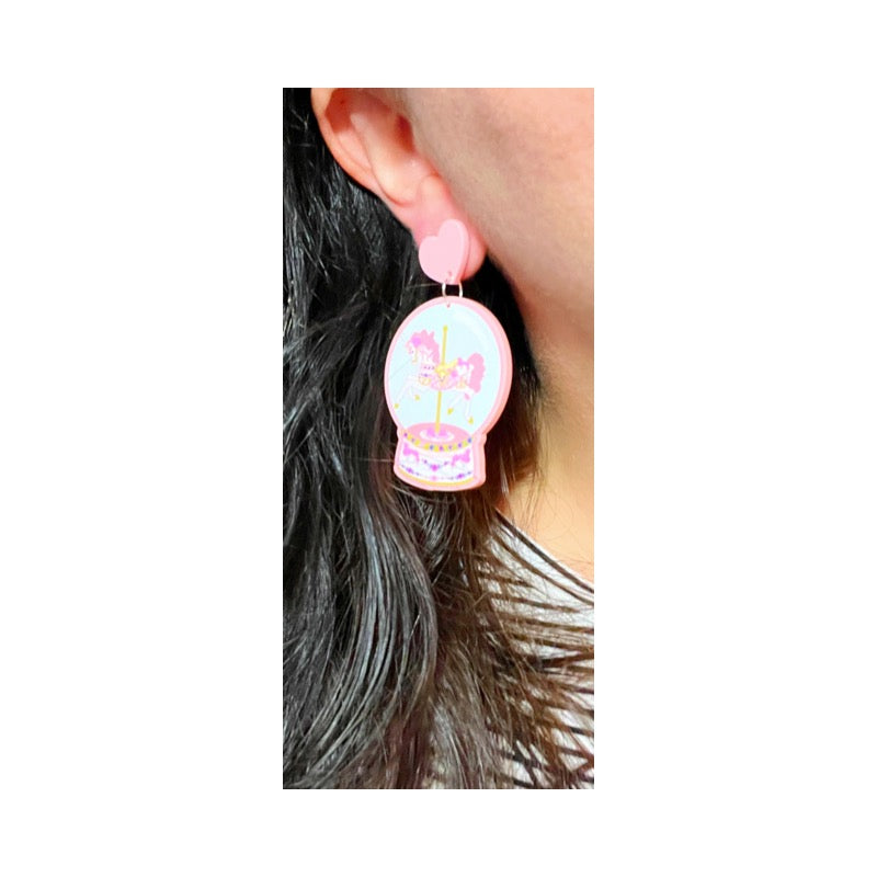 Pink Carousel Horse Inspired Acrylic Drop Earrings