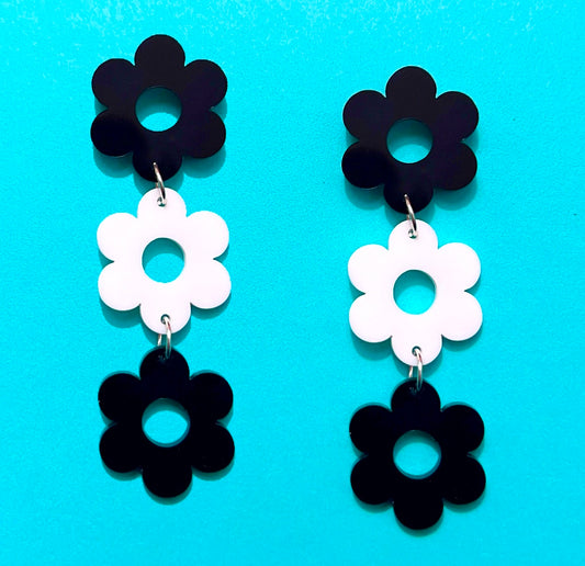 Black & White Tiered Retro Flower Acrylic Drop Earrings