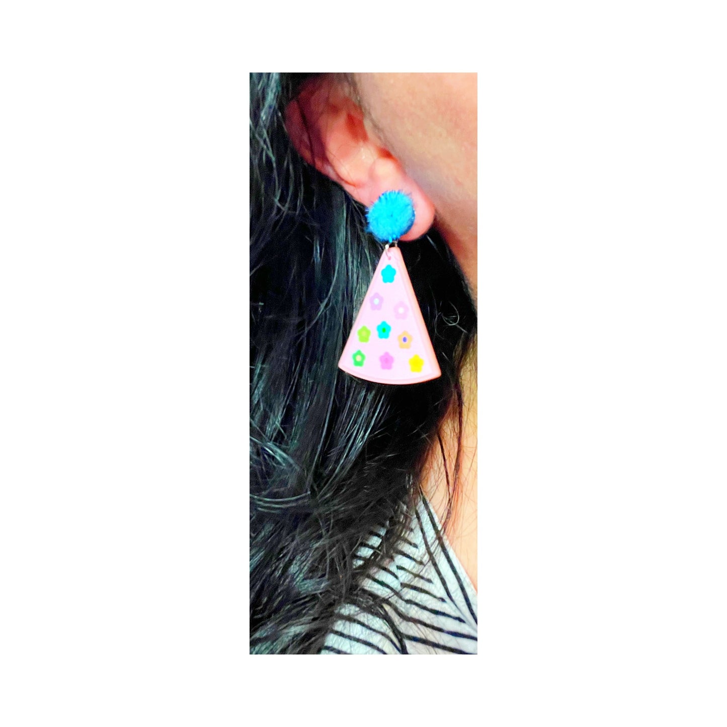 Pink Floral Pom Pom Party Hat Acrylic Drop Earrings