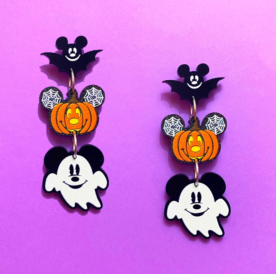 Mouse Bat Pumpkin & Ghost Tiered Drop Earrings