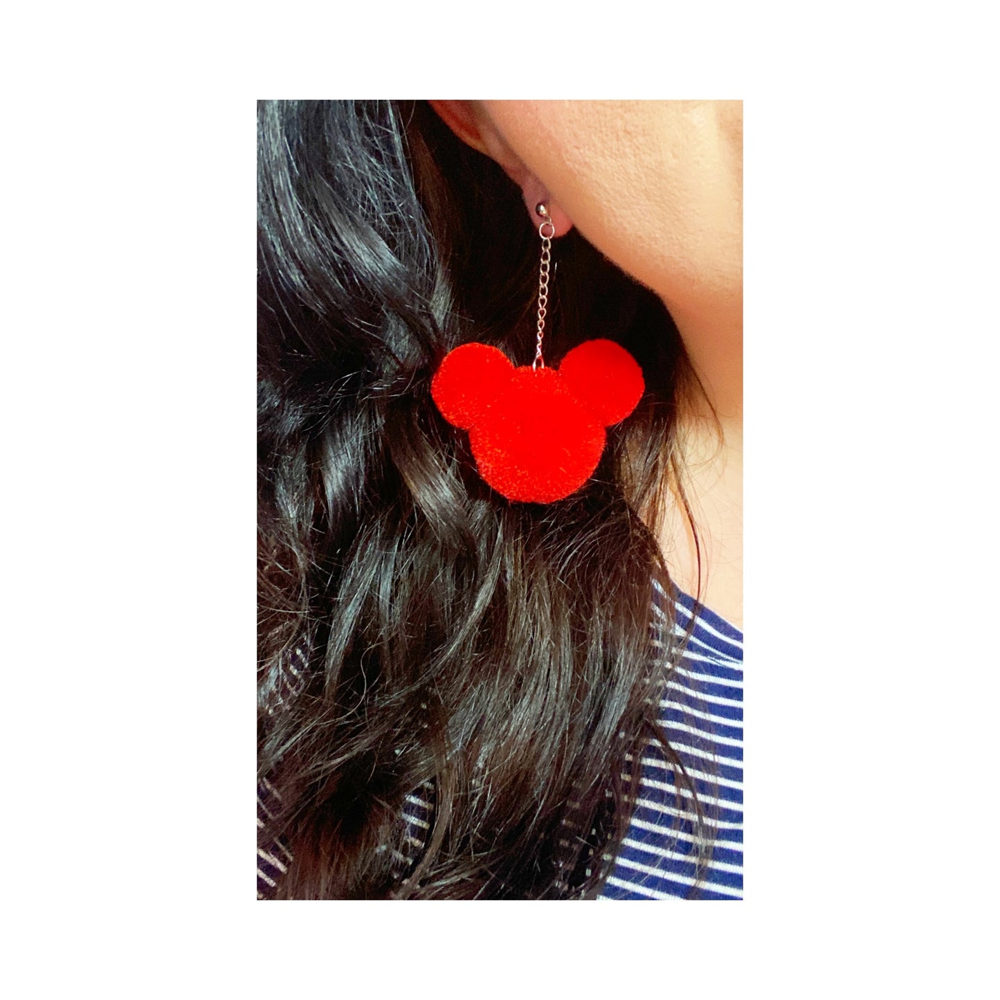 Red Mouse Yarn Pom Pom Hanging Drop Earrings