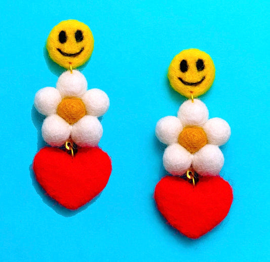 Flower Power Smiley Heart Wool Felt Drop Earrings