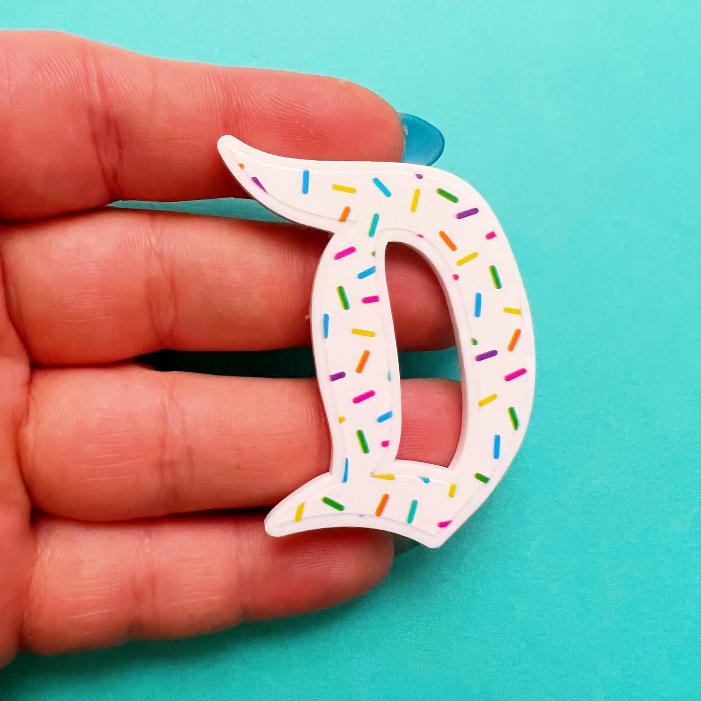 White Sprinkles Retro “D” Inspired  Acrylic Brooch Pin