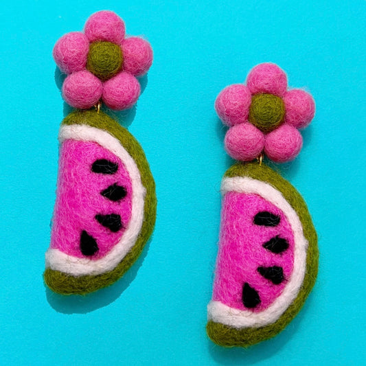 Pink Watermelon Wool Felt Drop Earrings