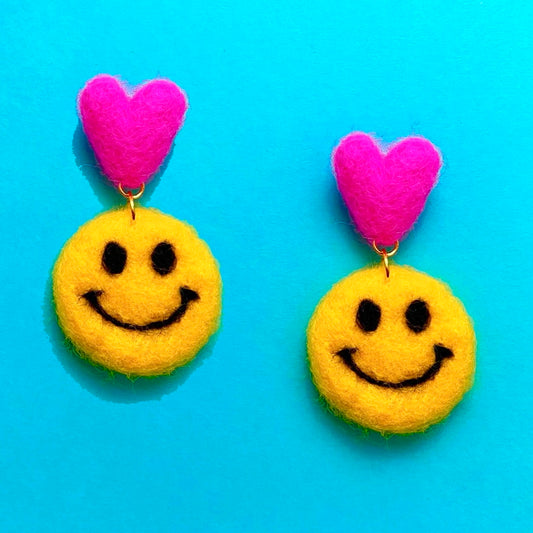 Pink Heart & Smiley Face Wool Felt Drop Earrings