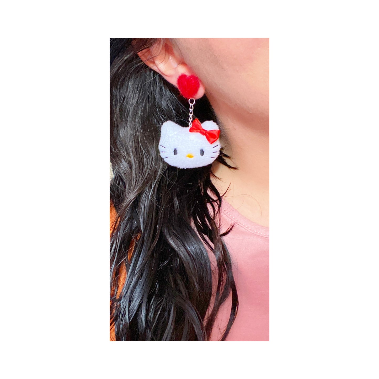 Kitty Red Bow Heart Pom Pom Hanging Drop Earrings