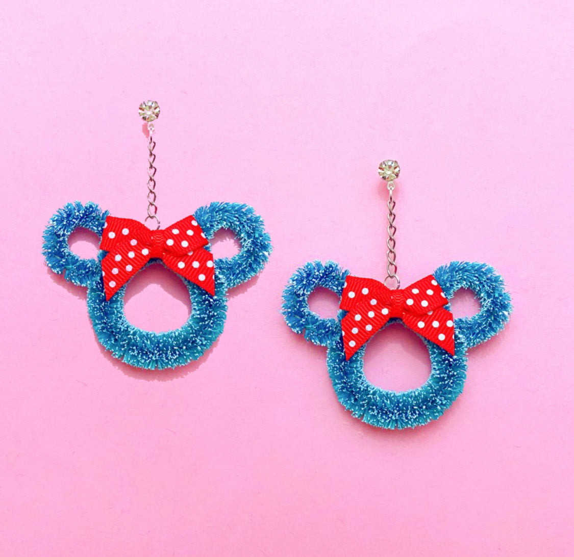 Mouse Wreath Red Polka Dot Bow Hanging Drop Earrings