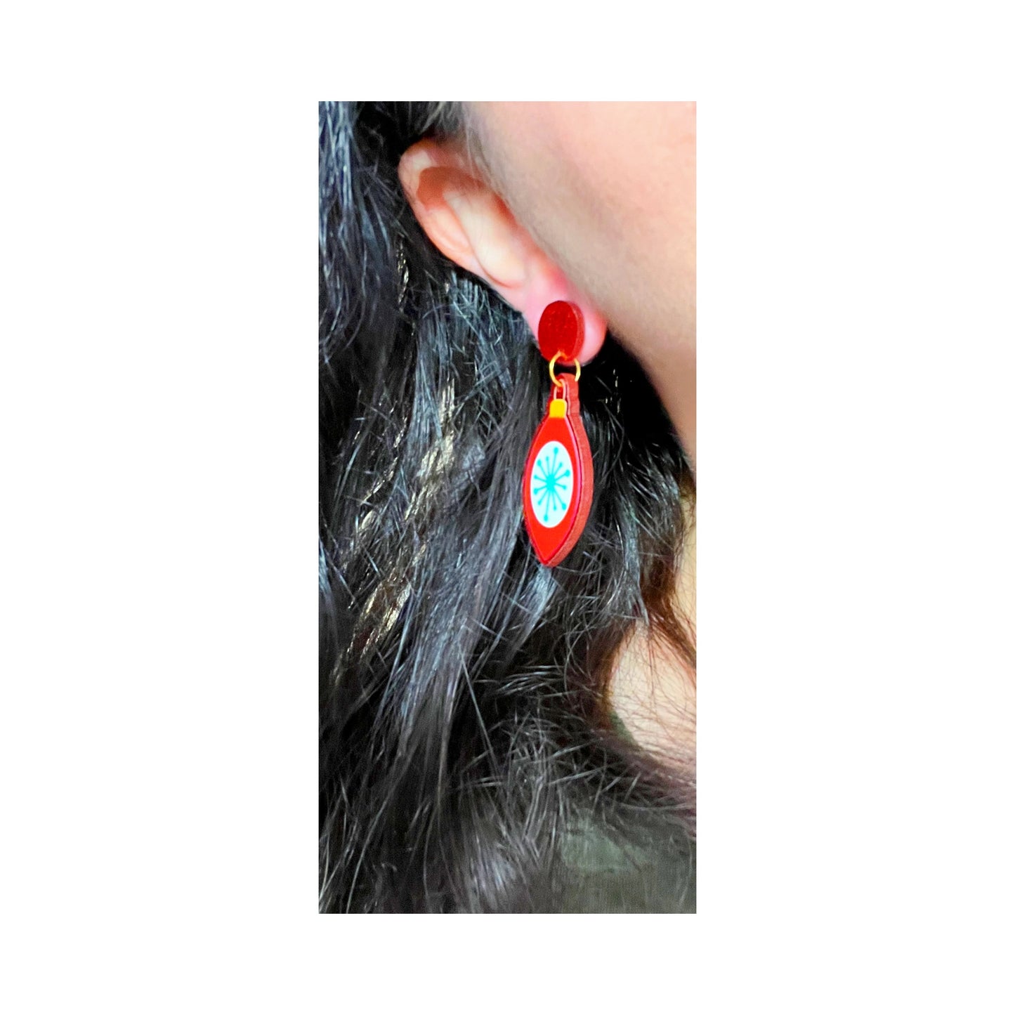 Red Sparkle Retro Atomic Ornament Earrings