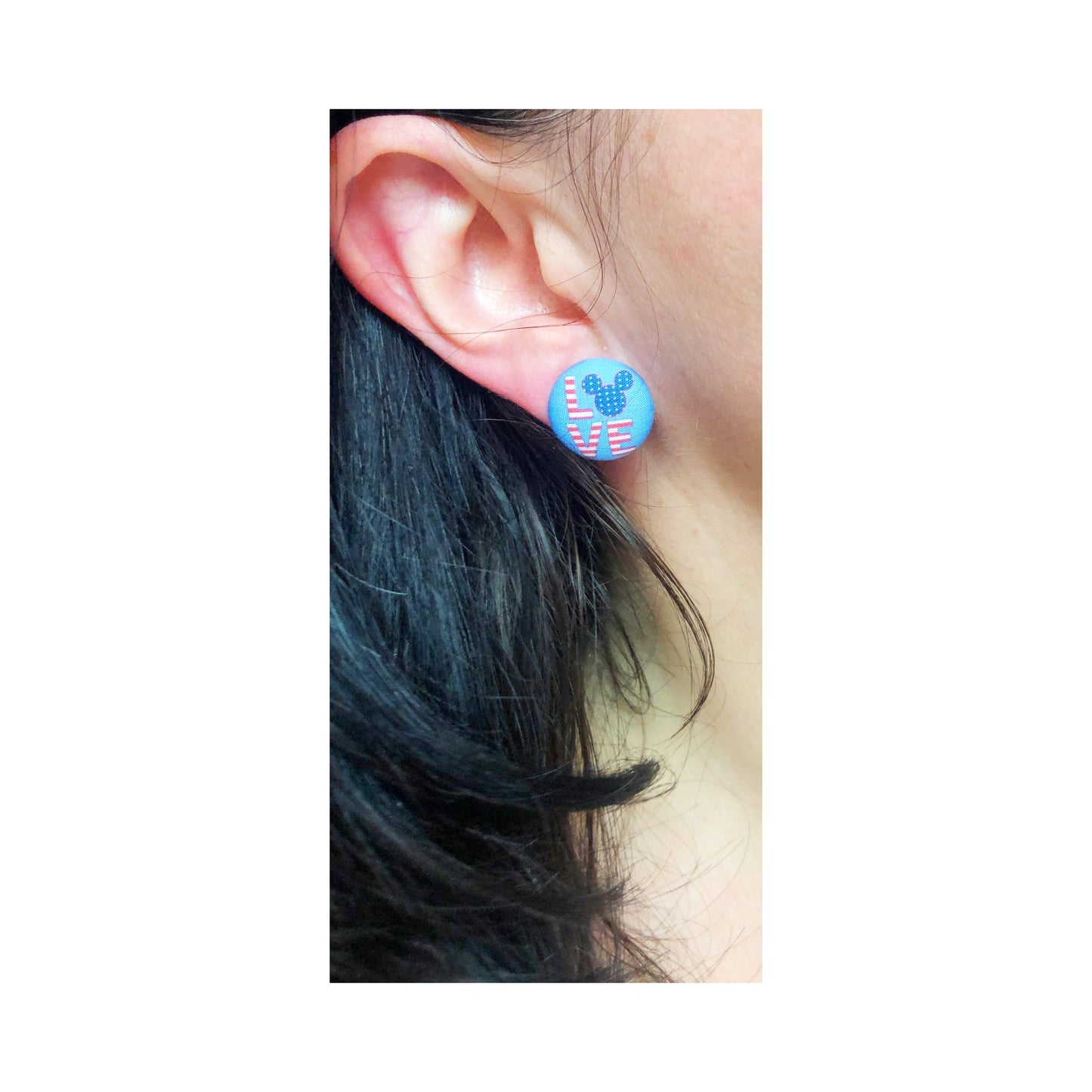 Blue America Mouse Love Fabric Button Earrings