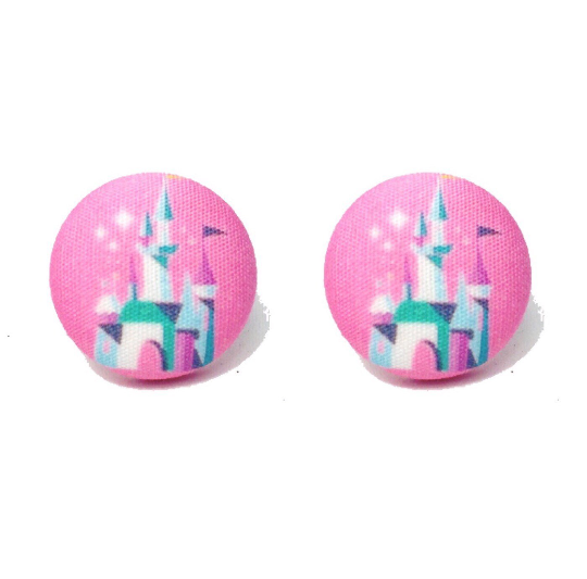 Retro Pink Castle Fabric Button Earrings