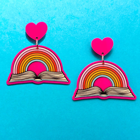 Hot Pink Bookish Rainbow Drop Earrings