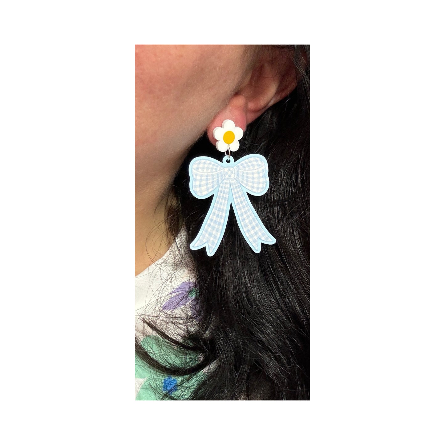 Blue Gingham Bow Drop Earrings